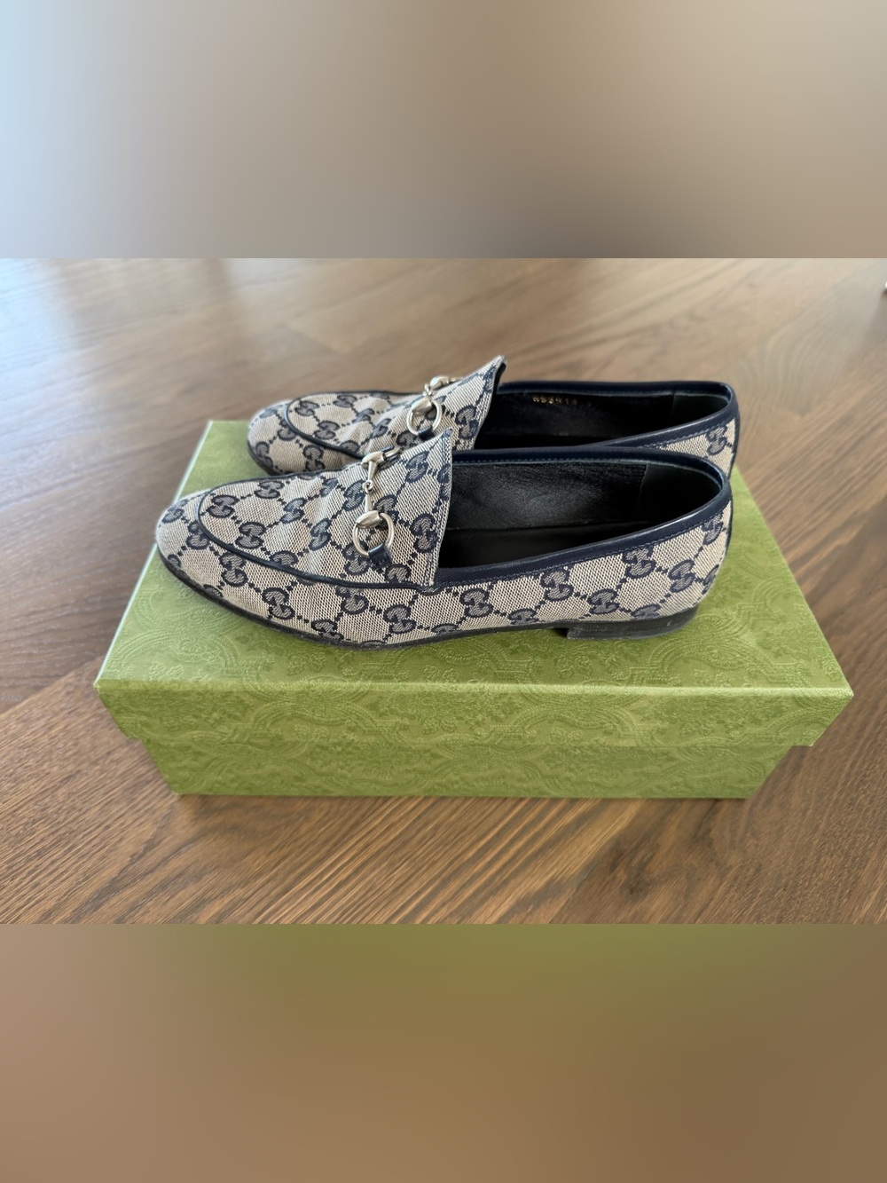 Gucci Beige Canvas GG Horsebit Loafer with Navy Trim - Picture 5 of 11